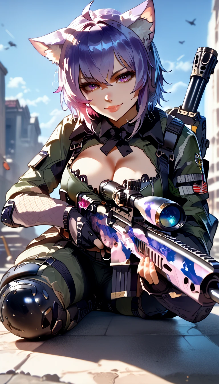 ultra-detailed, 1girl, okayu_casual, ((masterpiece)), (best quality), (highres), 16K, ahoge, cat tail, purple hair, tactical clothes, tactical belt, knee pads, boots, miniskirt, black panties, (holding Sniper Rifle), busty body, large breasts and a beautiful ass, showcasing cleavage, legs, hips, looking at viewer, smile, detailed face, detailed hair, detailed full body, rooftop background