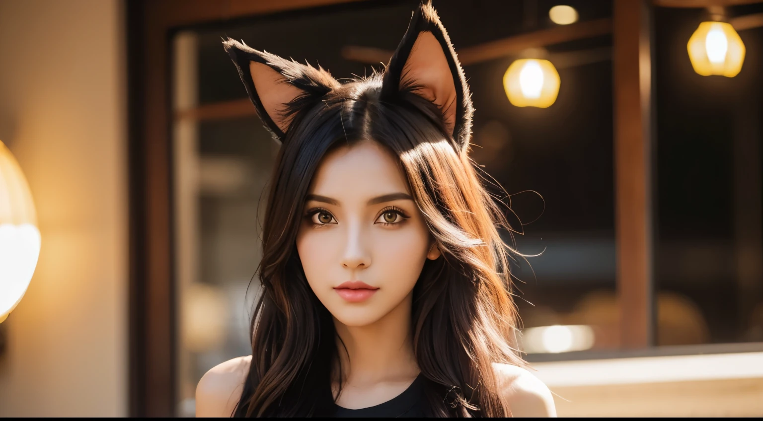 Araffe girl with long hair wearing cat ears and a black top - SeaArt AI
