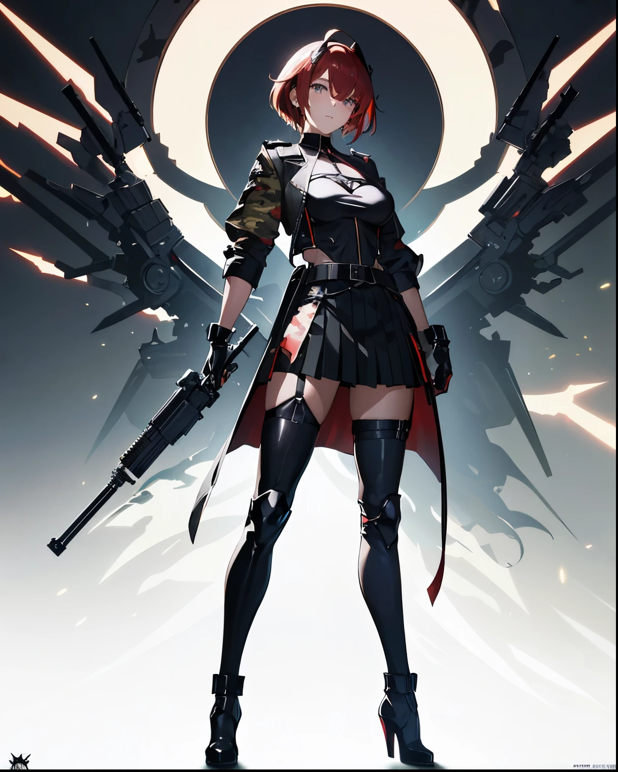 -PdetailP60,1girl, good legs, good thighs, athletic abbs,(((standing))),(((villain pose))),((supremacy attitude)),blonde hair,gradient hair,pink hair,short hair,ahoge,arrogant,aqua eyes,green eyes,villain attitude,White skin,embellished light leather,thigh strap,boots,embellished clothing,armored boots,large skirt, (((using a earclip))),choker, using a elegant earclip, add clothes ornaments,fingerless gloves,leg belt,Forest Background, medium shot,Black,((((Knee-length skirt)))),Gray,Brown,forest,Leather Armor,Magic robe,View from behind,animoff, ((((red camouflage)))), ((1girl)), black ops, tactical maid, tactical clothes red camouflage, (tactical) black light vest, black tactical light equipment, Tactical boots, tactical straps, black tactical fingerless gloves, black tactical harness, maid battle, black tactical thigh belt, anime maid, black tactical joint protections, black Knee Pads and Elbow Pads Tactical Protection, ((full body view)), athletic body, black military straps, red camouflage uniform, red camouflage maid clothes, maid red camouflage dress, red command, black accesories, masterpiece, best quality, Attention to detail, girl full atletic body, red hair, elegant hairstyle, with red military camouflage pants, tomboy attitude, ((combat pose)), (((standing pose])), communications diadem, mesh flannel red military jacket shooting, military goggles over the hellmet, sophisticated attitude, intintimidating, tactical straps, exposed abs, back perspective, special assault unit, official art, unity 8k wallpaper, ultra detailed, beautiful and aesthetic, beautiful, masterpiece, best quality, attractive, pretty, hd quality, aesthetic