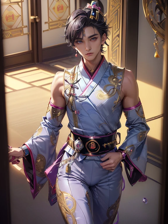 (masterpiece,best quality,ultra_detailed,highres,absurdres), (detailed shadow), (quality light), 1 (teenager_idol_male:2.2) (korean_male_courtesan_super_sentai:2.0) (with bulge:1.8), 15-ish, (muscleale focus), (solo:1.5), short black Quiff hair with Soft Fringe (bangs part on side 3:7 ratio), blue_eyes (detailed eyes), androgynous young beautiful pretty cute elegant (korean_male_courtesan_super_sentai) (in modern_luxury_jeweled_ornamented_patterned_colored_courtesan_super_sentai_uniform with top and bottom:2.1) is (walking on modern_luxury_korean_entertainment_quarters:1.9), (eyelashes), (thigh_gap), pectorals, (wide_flat_chest, wide_shoulders:1.9), (big_wide_hips, big_wide_pelvis:1.8), (warm_smile:1.2), (thin_waist, dented_waist, waist_narrower_and_thinner_than_neck:1.8), (en_face, side_view:1.1), (swayback, curvy_waist, arched_back), short hair, looking at viewer, parted lips, ((PERFECT_FACE)), ((finely_detailed_beautiful_eyes_and_detailed_face)), (best_illumination, best_shadow, an_extremely_delicate_and_beautiful)