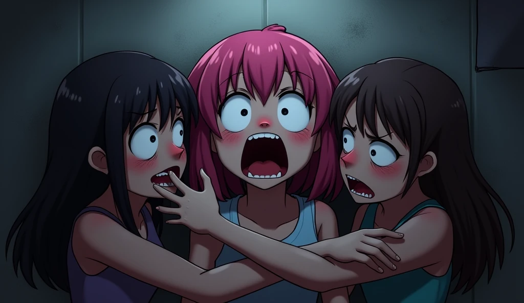 Three girl's lower_body is transformed into a tentacles(Japanese anime style)(scared and crying)（student costume）