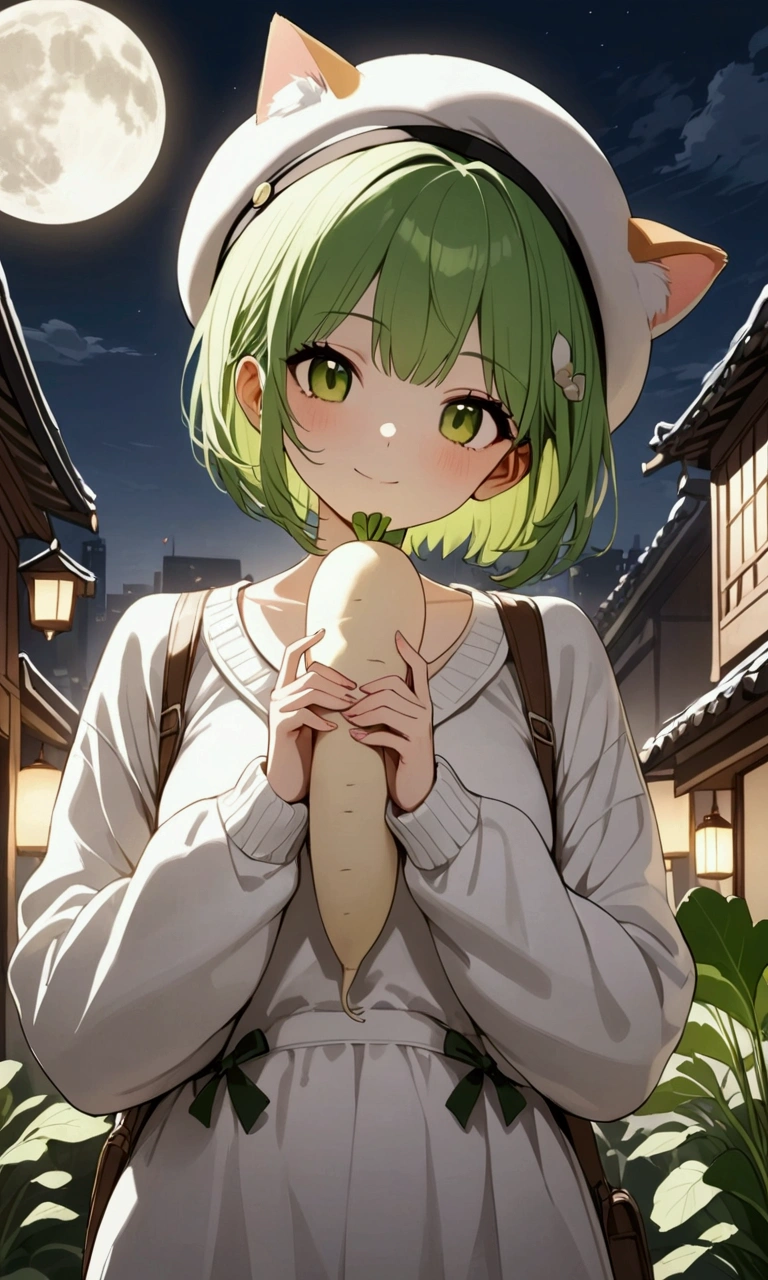 masterpiece,a cute girl( bright green hair, short hair,girl knitting cat ear knitted hat ,girly winter outfit ）, she is beside a daikon character(a Japanese white radish character that has leaves),full moon,City Sky