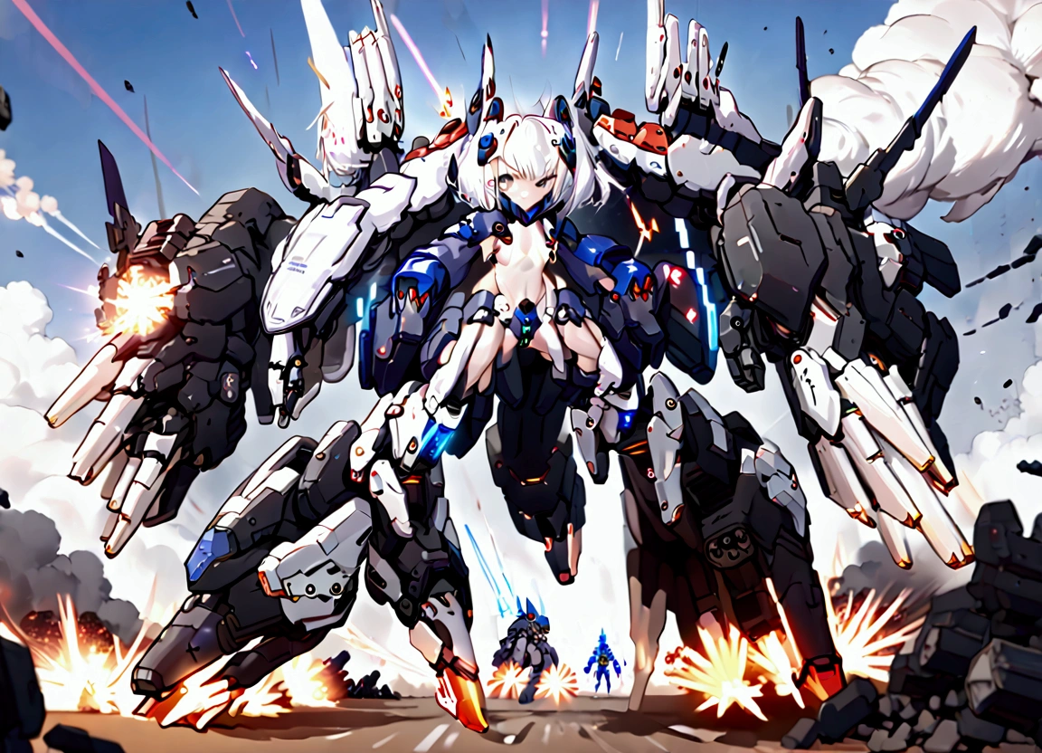 (((Mecha Musume))) ((Small stature white haired naked girl Wearing oversized limbs power suit)) ((oversized mecha boots and gloves)) battlefield amidst attacks, explosions around, battle stances, exaggerated fighting motion capture, fast movement bipedal running high speed. Laser blade arms. 