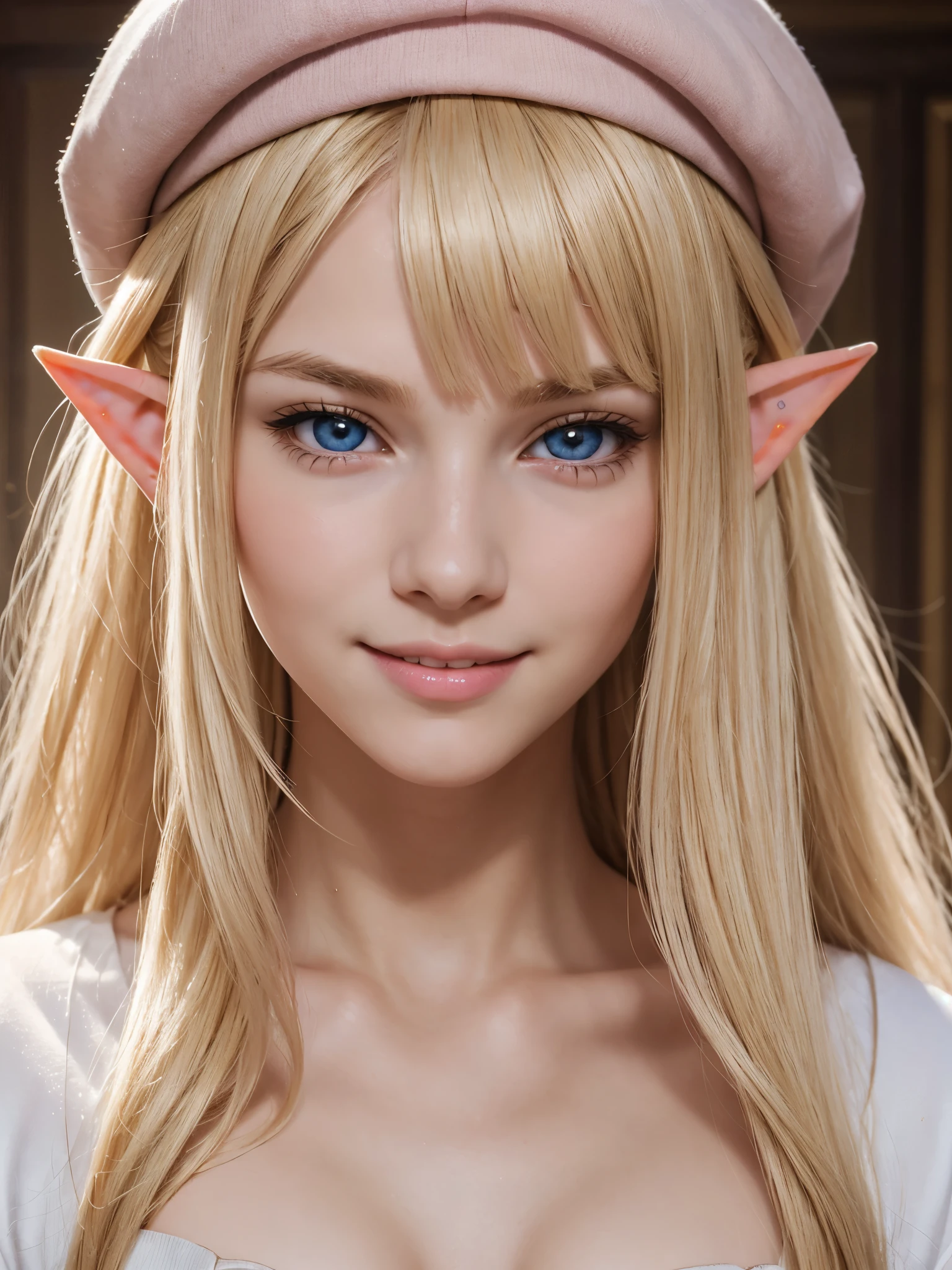 (best quality), 1boy, male, femboy, porcelain skin, blonde hair, straight hair, long hair, swept bangs, brown eyes, perfect eyes, beret, (elf), pointed ears, fantasy clothes, flat chest, smile, masculine, blush, pink lips, masterpiece, anatomically correct, highres
