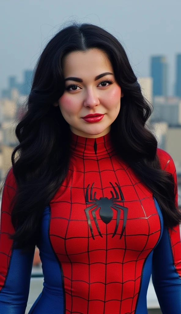 busty Hania Amir in spiderman costume, her costume is like a bodysuit, she has big breasts, (black hair), HD, remastered, HQ, 4K quality, cyberpunk cityscape, The very sexy spider gwen with her neckline outfit 