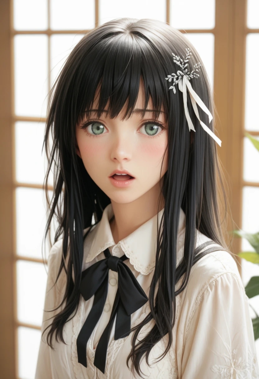 1girl in、sixteen years old、top-quality、​masterpiece、A dark-haired、Green eyes、white  clothes、look up to、cowboy  shot、Hair strands、light skinned、Side braid、The gaze is the same as the direction of the face、