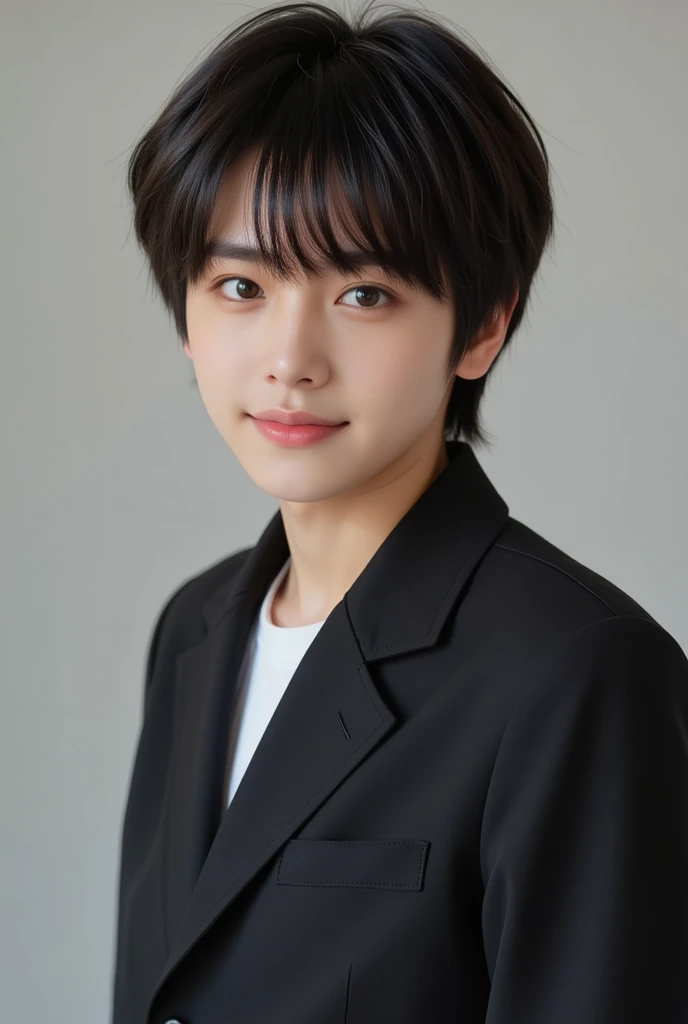 handsome mix korean japanese ten year old, boy, short black hair, black detailed eyes, gentle smile, sharp eyebrows, round face, cool, detailed face, small nose, in black suit, in a fighting pose, preparing to face off at the opponent on the left