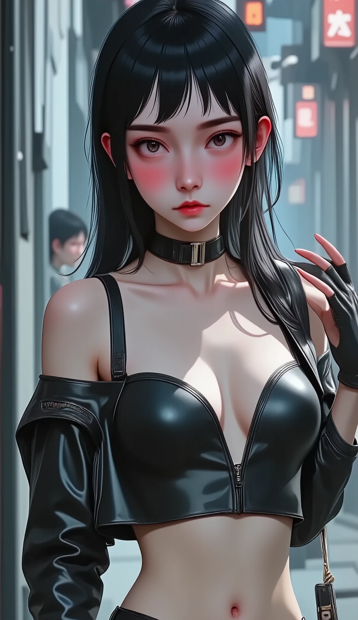 a woman in a black leather outfit with an open chest, thick lips, depressed expression, 20 years old, long black hair, rosy cheeks, pink lips, long straight hair with bangs, simple background, (best quality,4k,8k,highres,masterpiece:1.2),ultra-detailed,(realistic,photorealistic,photo-realistic:1.37),studio lighting,extreme detail description,vivid colors,portrait