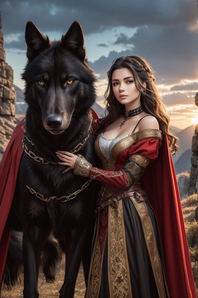  A cute woman with wavy brown hair,  dressed in a medieval leather outfit , clothes yellow with red , She wears a yellow noble cape ,  very pretty caressing a giant wild wolf Fenrir himself ,  in the mountains at sunrise , fierce and fearless,  her clothes are a mix of yellow and red ,  she caresses an impressive Black Wolf .  reflecting her connection with the hard land of Viladella .  She is ingenious and determined ,  with a strong work ethic and a deep respect for the effort required to survive in such a difficult environment. medieval era,  Middle Ages , wild and unknown terrain , a majestic wolf, strong woman.  a symbol of strength and unwavering loyalty .  her fur is black like the sky of the sky night and eyes shining with the wisdom of the ages — who is your true partner .  She stands next to a wolf almost as tall as a man when on her back legs ,  her powerful body undulating with muscles .  Her claws can tear through armor , 4K,  high resolution,  masterpiece ,  best quality ,  sharp focus, ( cinematic lighting ), clavicle, [:( detailed face :1.2):0.2]