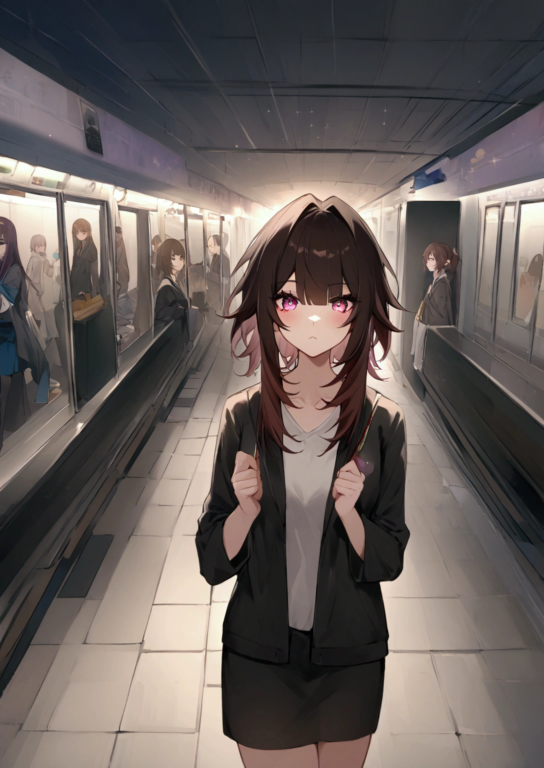 score_9,score_8_acima,score_7_acima,1 ,Sparkle_\(honkai:_star_rail\), long dark brown hair, fair skin, small bust, short, student clothes, in a subway station in Japan, 