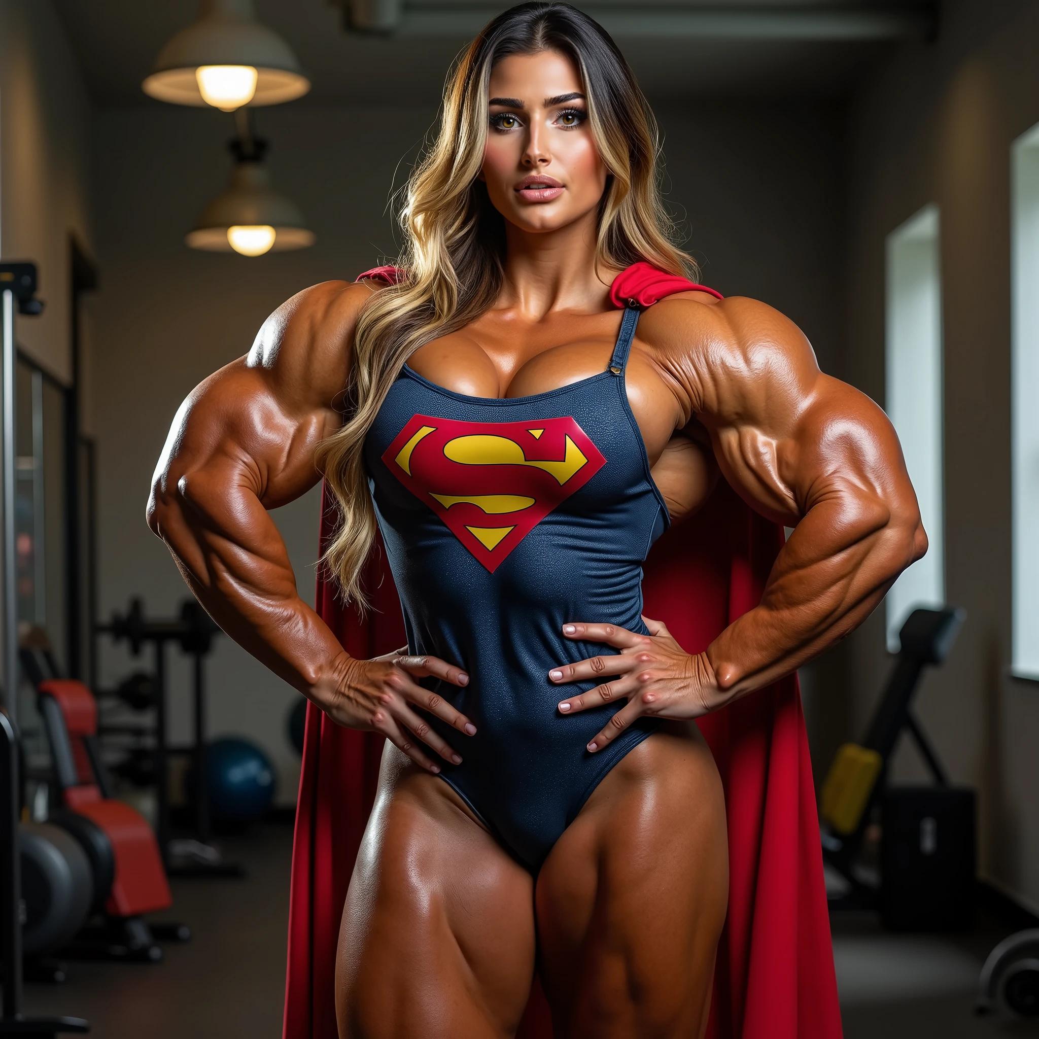 a beautiful white huge female bodybuilder giantess zareen khan with big and big muscles brown long hair wearing a tight silky red short blouse with blue trouser flexing her muscles holding a glass of milk sitting on a bed with a slim small white male slave