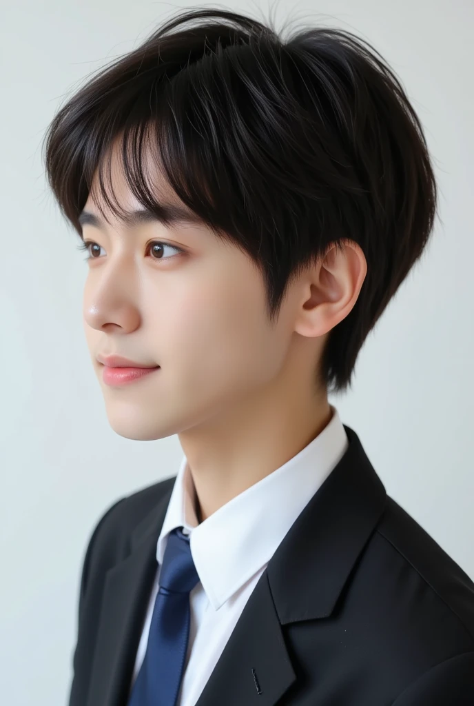 handsome mix korean japanese ten year old, boy, short black hair, black detailed eyes, gentle smile, sharp eyebrows, round face, cool, detailed face, small nose, in black suit and blue tie. (((((side profile)))))