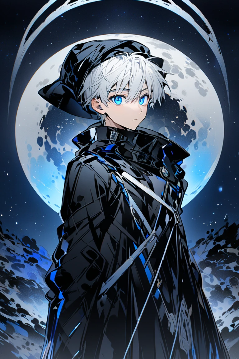 One guy, solo, white hair, crystal blue eyes, dressed in black and cap extension, 20 years old, handsome, standing in front of the full moon, at night with a clean background,ful body pic from head to toe