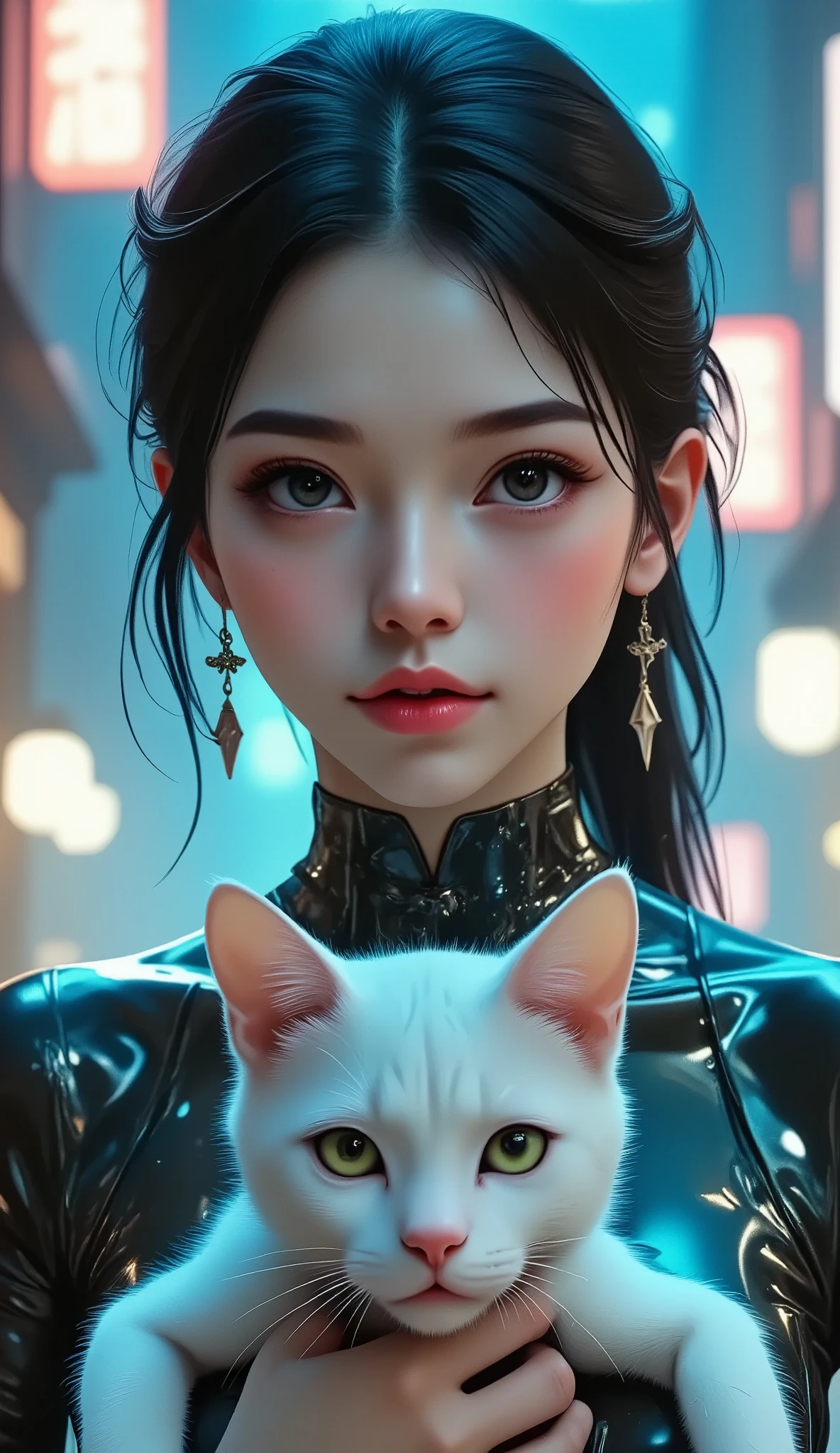  Beautiful girl with long wavy black hair,  light brown eyes with small scars on the face,  baby pink clear plastic glasses  ,Gothic and Otaku  , holding a white cat with green eyes on Halloween  