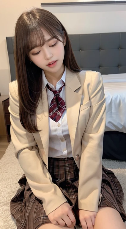 1 girl, extremely bright backlight, Solo, {Beautiful and detailed eyes}, Autumn morning, Large breasts, Calm expression, Natural and soft light, Delicate facial features, Blunt bangs, Beautiful Korean Girl, Smile in the eyes, very small earrings, 20yr old, ((model poses)), Glamour body type,(Colorful hair, half red hair、half brown hair:1.2),Real Hand, masutepiece, Best Quality, Photorealistic, Ultra-detailed, Finely detailed, High resolution,Brown messy hair, Perfect dynamic composition, Beautiful detailed eyes, Asian Girl,((nervous and embarrassed)),foco nítido, beauty mix, Movie girl,(Smile:1.3),(Wearing a brown school blazer uniform,Brown pleated skirt:1.3),(Longhair:1.3),(Sitting in a train seat.:1.3),(Closed eyes:1.3),(with spreading legs:1.4),(Hands behind your back:1.3),(I can see panties:1.6),fullllbody