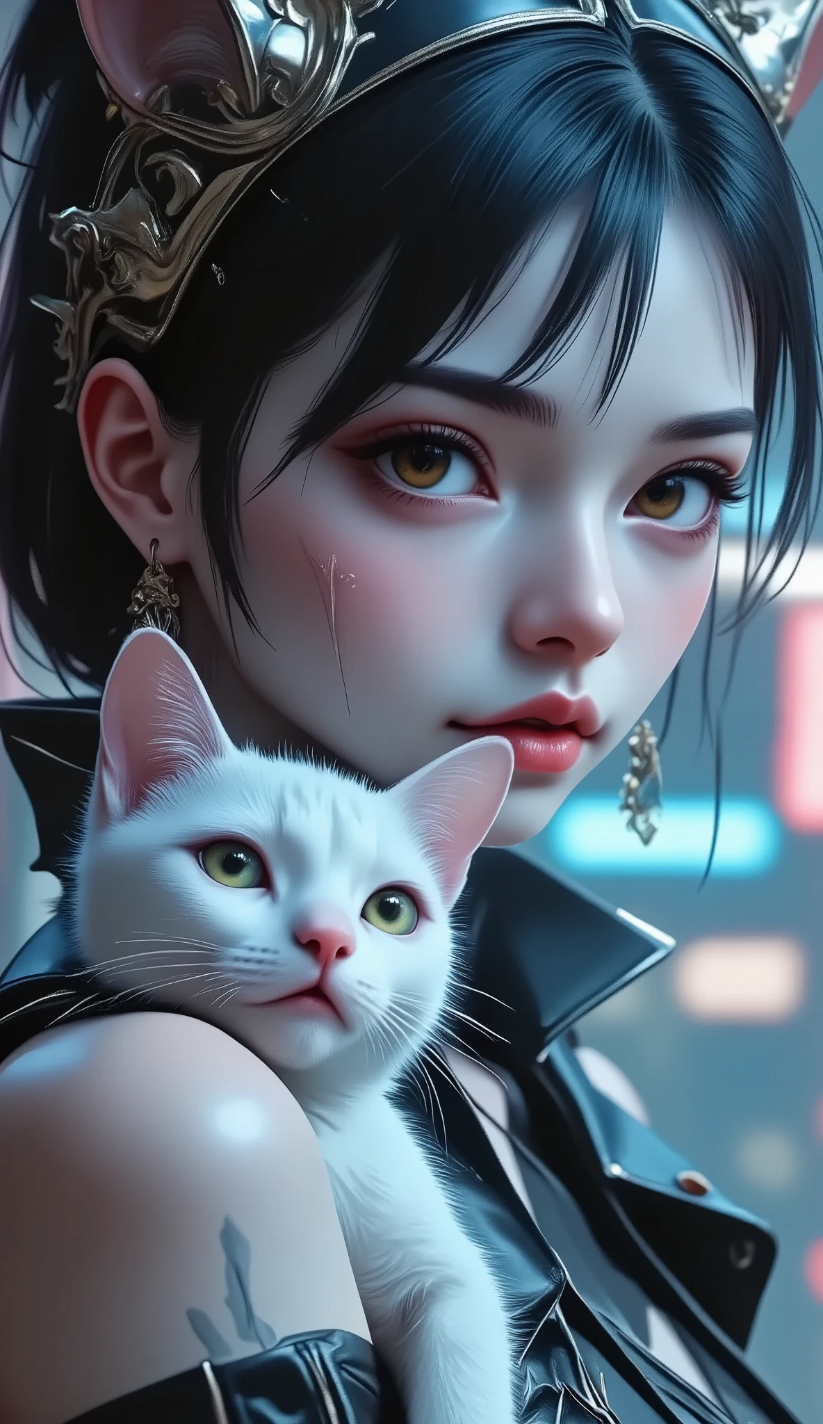  Beautiful girl with long wavy black hair,  light brown eyes with small scars on the face,  baby pink clear plastic glasses  ,Gothic and Otaku  , holding a white cat with green eyes on Halloween  