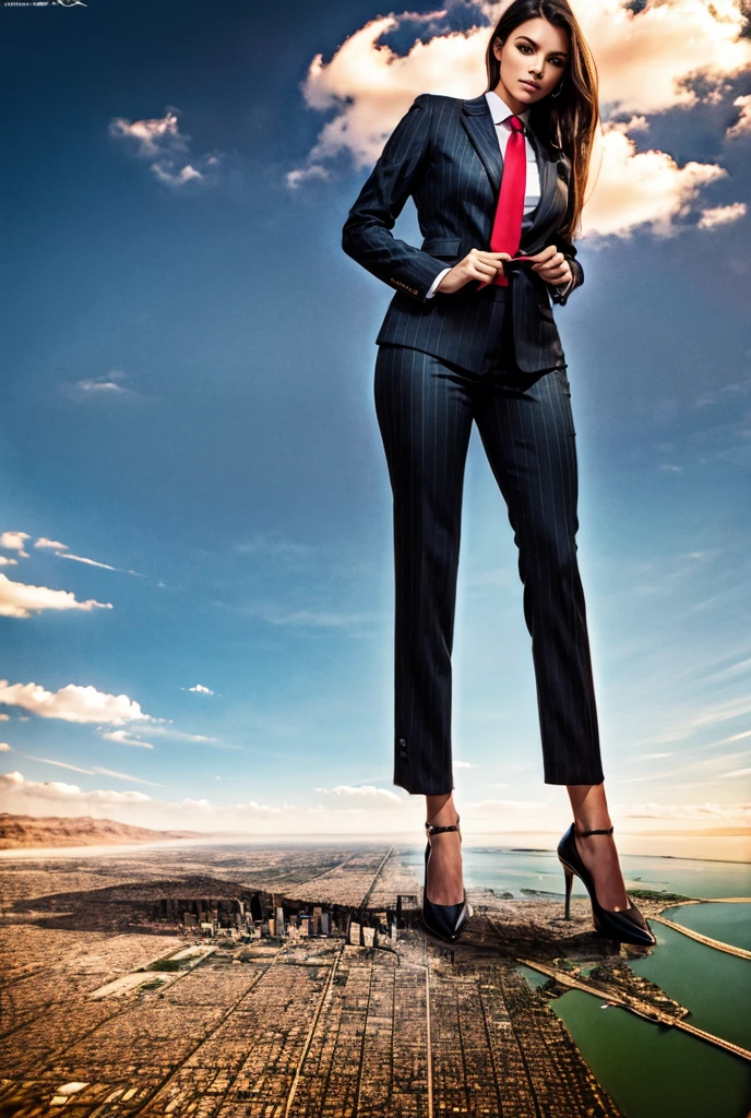 Giantess art, 100 miles tall giga giantess, sophisticated and stylish woman in a light black italian pinstriped trouser suit, form fitting crisp white office shirt, and a large wide red necktie in a windsor knot, with a beautiful, curvaceous figure, large natural breasts, and long wavey blonde hair, with a curvaceous figure and massive breasts. wearing red rounded court high heels with uncovered feet and standing, rampage-like pose, with a cityscape background of mega-city, urban sprawl, and small towns, partially obscured by a hazy, cloudy atmosphere. The image is a high-resolution, masterpiece-quality, cinematic, ultra-detailed, and hyper-photorealistic photograph, with perfect hands, face, and lighting. ultra-detailed, 8K, photo-realistic, hyper-realistic, masterpiece, intricate details, full body view. Looking at camera, The image is a high-resolution, masterpiece-quality, cinematic, ultra-detailed, and hyper-photorealistic photograph, with perfect hands, face, and lighting. ultra-detailed, 8K, photo-realistic, hyper-realistic, masterpiece, intricate details, full body view, view from below