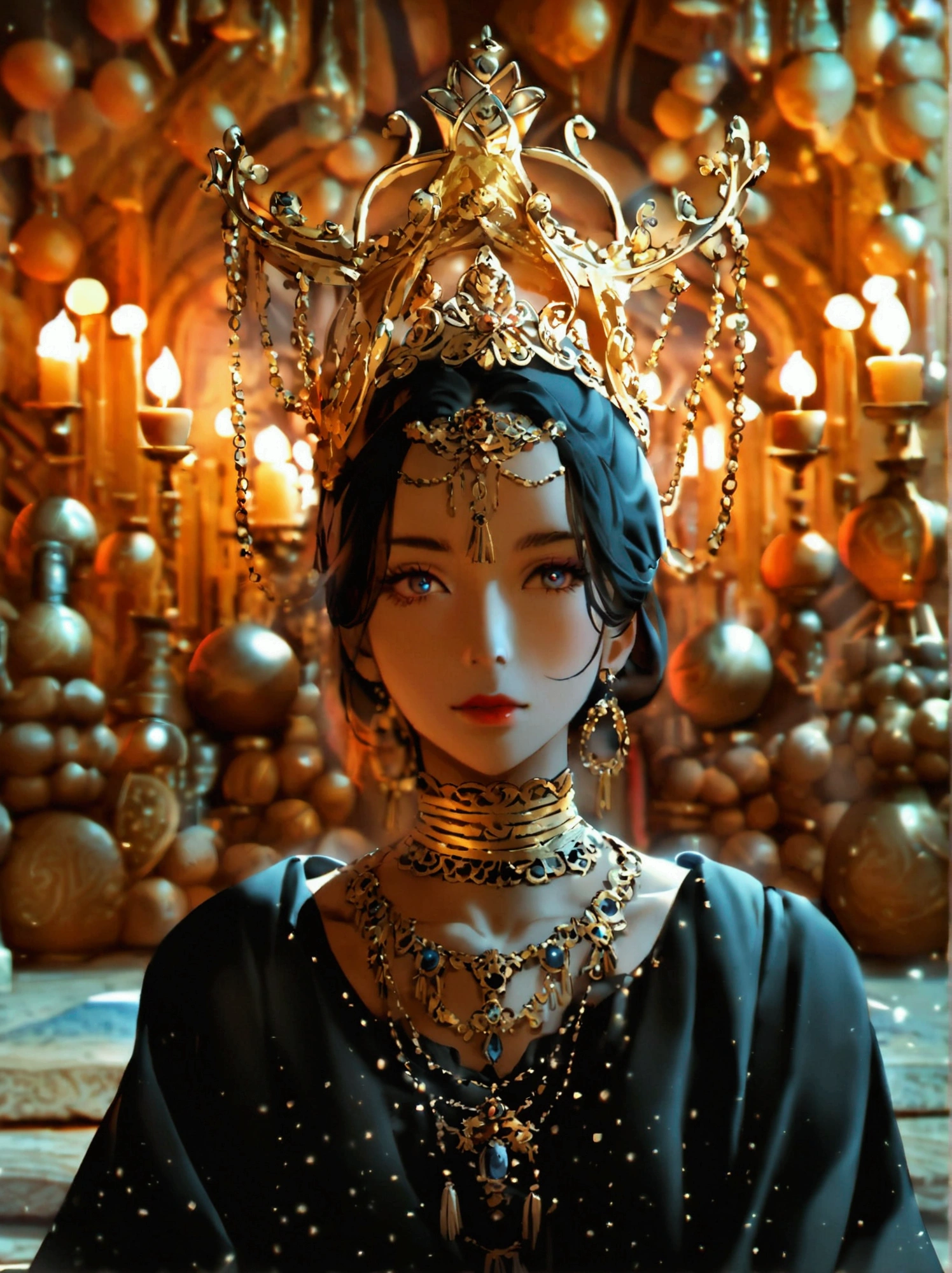 In a room of a large temple a woman is sitting cross-legged on the floor, dressed in a black habit, wearing a large necklace of wooden balls and a gold crown of extravagant design. The walls of the room bear strange engravings and from the ceiling hangs a candle lamp