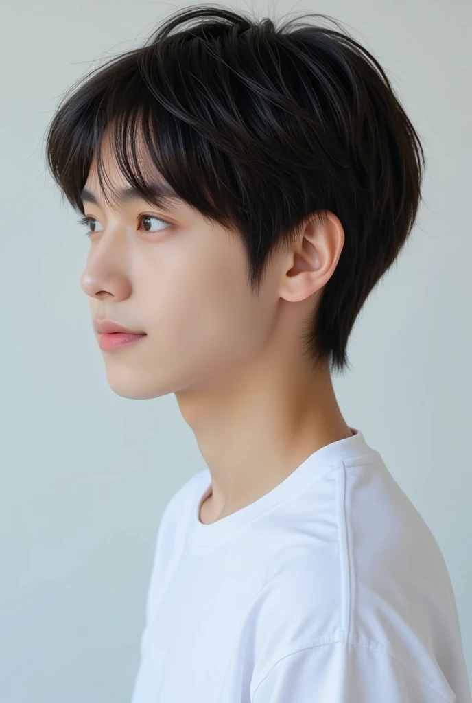 handsome mix korean japanese ten year old, boy, short black hair, black detailed eyes, gentle smile, sharp eyebrows, round face, cool, detailed face, small nose, in tennis attire. (((((side profile))))) ((((facing right))))