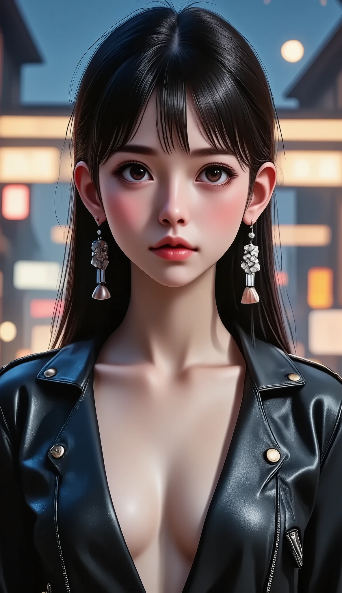 a woman in a black leather outfit with an open chest, thick lips, gafas rosadas, depressed expression, 20 years old, long black hair, rosy cheeks, pink lips, long straight hair with bangs, simple background, (best quality,4k,8k,highres,masterpiece:1.2),ultra-detailed,(realistic,photorealistic,photo-realistic:1.37),studio lighting,extreme detail description,vivid colors,portrait