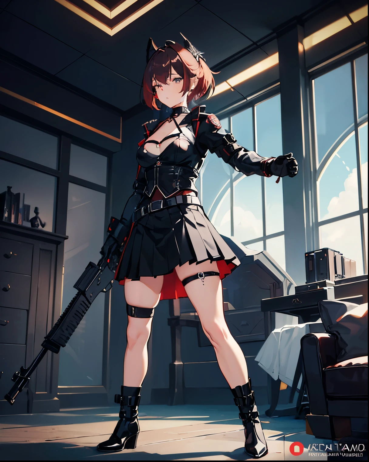 -PdetailP60,1girl, good legs, good thighs, athletic abbs,(((standing))),(((villain pose))),((supremacy attitude)),blonde hair,gradient hair,pink hair,short hair,ahoge,arrogant,aqua eyes,green eyes,villain attitude,White skin,embellished light leather,thigh strap,boots,embellished clothing,armored boots,large skirt, (((using a earclip))),choker, using a elegant earclip, add clothes ornaments,fingerless gloves,leg belt,Forest Background, medium shot,Black,((((Knee-length skirt)))),Gray,Brown,forest,Leather Armor,Magic robe,View from behind,animoff, (((red camouflage))), ((1girl)), black ops, tactical maid, tactical clothes red camouflage, (tactical) black light vest, black tactical light equipment, Tactical boots, tactical straps, black tactical fingerless gloves, black tactical harness, maid battle, black tactical thigh belt, anime maid, black tactical joint protections, black Knee Pads and Elbow Pads Tactical Protection, ((((large skirt)))), full body view, athletic body, black military straps, red camouflage uniform, red camouflage maid clothes, maid red camouflage dress, red command, black accesories, masterpiece, best quality, Attention to detail, girl full atletic body, red hair, elegant hairstyle, with red military camouflage pants, tomboy attitude, ((combat pose)), (((standing pose])), communications diadem, mesh flannel red military jacket shooting, military goggles over the hellmet, sophisticated attitude, intintimidating, tactical straps, exposed abs, back perspective, special assault unit, official art, unity 8k wallpaper, ultra detailed, beautiful and aesthetic, beautiful, masterpiece, best quality, attractive, pretty, hd quality, aesthetic