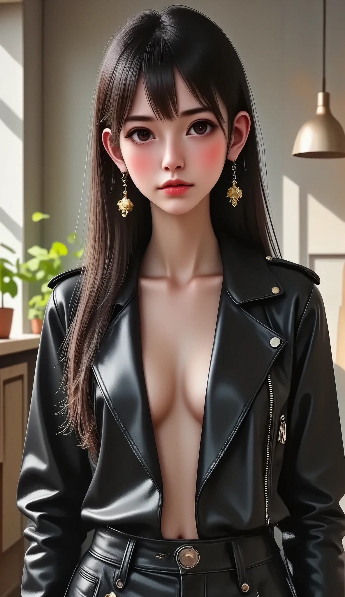 a woman in a black leather outfit with an open chest, thick lips, gafas rosadas, depressed expression, 20 years old, long black hair, rosy cheeks, pink lips, long straight hair with bangs, simple background, (best quality,4k,8k,highres,masterpiece:1.2),ultra-detailed,(realistic,photorealistic,photo-realistic:1.37),studio lighting,extreme detail description,vivid colors,portrait