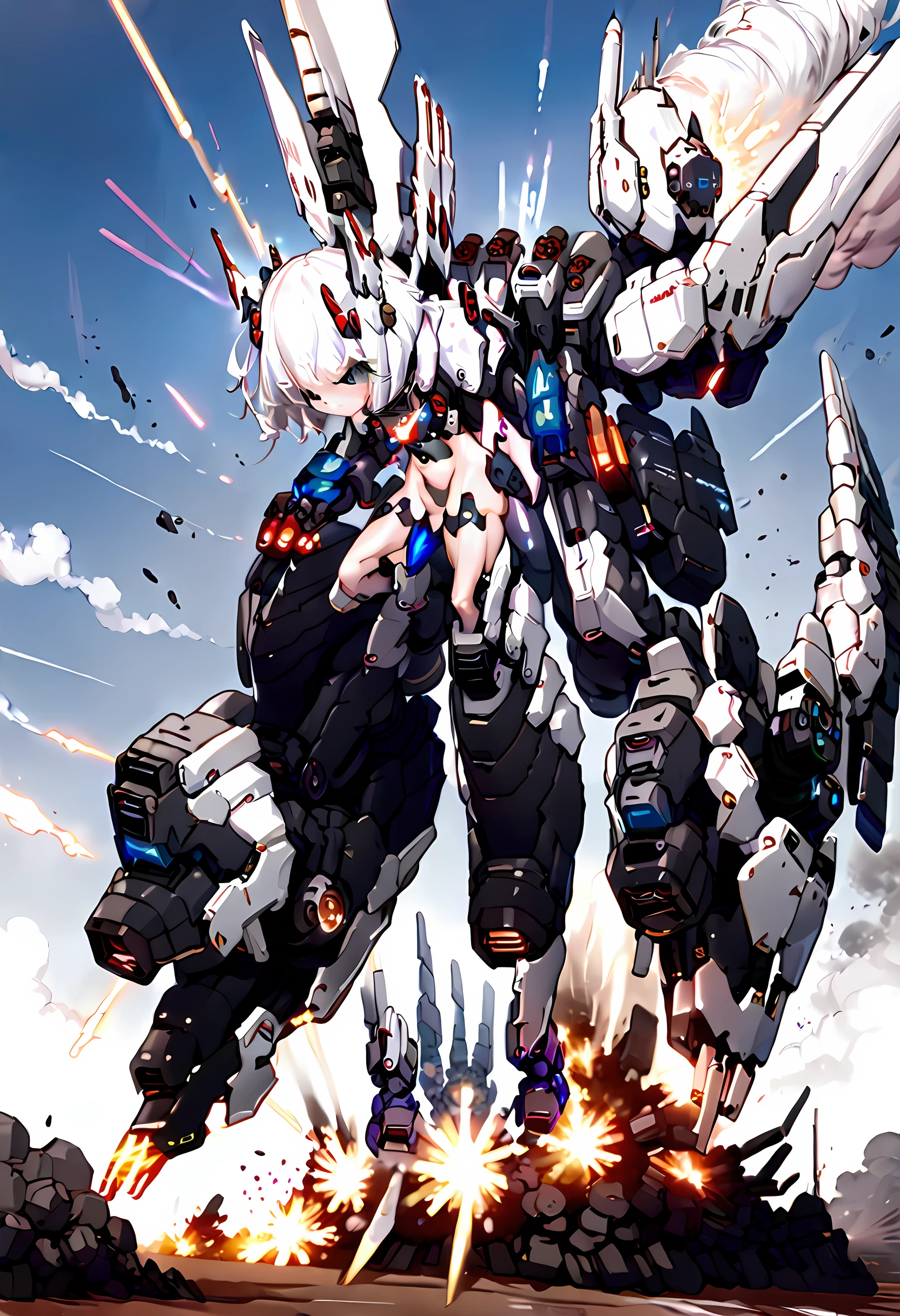 (((Mecha Musume))) ((Small stature white haired naked girl Wearing oversized limbs power suit)) ((oversized mecha boots and gloves)) battlefield amidst attacks, explosions around, battle stances, exaggerated fighting motion capture, fast movement bipedal running high speed. Laser blade fingers. 