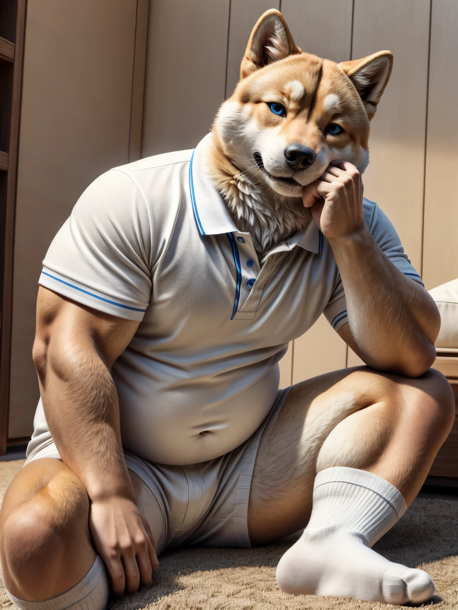 dad male shiba inu , slighly chubby with blue eyes, no eyebrows,white ankle socks ,white polo shirt , highly detailed lineart, realistic feet, 4k, best quality, masterpiece, vivid colors, physically-based rendering, hands on chin