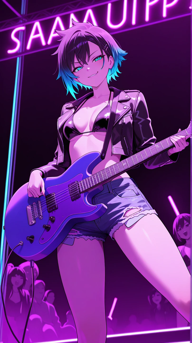 Background, In chic boho style, in club, Ice cream print, multi-colored neon lights, neon garlands, rose hair, mixed-language_SMS, Japanese, (beautiful and clear background:1.2),, fantastic paintings ,graffit style, high detailed eyes , underwear, lace, latex, Pink, Purple, mint, Blue, Yellow, belve, lavender hair, Skull Print, body piercings, Loving, Love, ultra detail hair, Masterpiece, Best Quality, hiquality, hight resolution, detail enhancement, ((most beautiful image in the world)), Masterpiece, Best Quality, hiquality, hight resolution, detail enhancement, ((most beautiful image ), Shiny pink degrade hair, Ultra Short Fitted Stampa, art by stjepan sejic, art by j scott campbell, Artist Guillem March, art by citemer liu, 4k, hight resolution, comic book character, comic, high quality detailed, style of ::2.0 comix illustration style,tatoon style, hiquality, hight resolution, detail enhancement, 8K, HD, Best Quality, hiquality, hight resolution, detail enhancement, 8K, HDR, sharp-focus, Ultra Detailed, perfect lighting, Curvy Body, Lush breasts, Curvy hips, skull print on clothes, rock, rock star, Cool,black leather jacket with skull print, style of, spikes, Punk Rock, Wolf, Cat's ears, Cool bracelets, Choker, calavera, gotik, Short shorts, fishnet pantyhose, (((plays the guitar))) plays the electric guitar, Plays, electric guitar, musician, guitarist, neon strings, virtuoso, Heart Print, Heart, glares, Multi-colored highlights, disco, cacti, Succulents,
