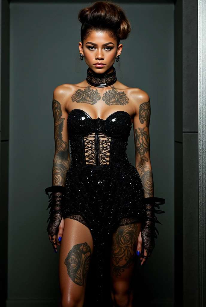 ((zendaya:1.64)), front view, looking viewers, An Award-Winning Masterpiece (photorealistic), photograph, vogue,  Gothic Maximalist Elegance
With Stunning Surrelistic Tattoos, 
                             (((metallic ominous war))) [in the style of photorealistic:0.4] ral-dissolve, surrealist fantasy, with a Maximalist Style. figure complète hyperréaliste, vetement style musique electronique, ultraRéaliste, hypermaximaliste, Moteur irréel, POINTU, détaillé, méga réalisme, 4K, or 8K, Réaliste, hyperRéaliste, realistic face... sexy pose...