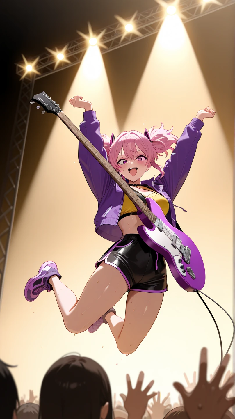 "The rock girl in a high-energy action shot, jumping mid-air with her guitar, performing a dramatic solo. Her expression is fierce and passionate, sweat glistening on her face under the bright stage lights. The background shows an enthusiastic crowd with hands raised, glowstic