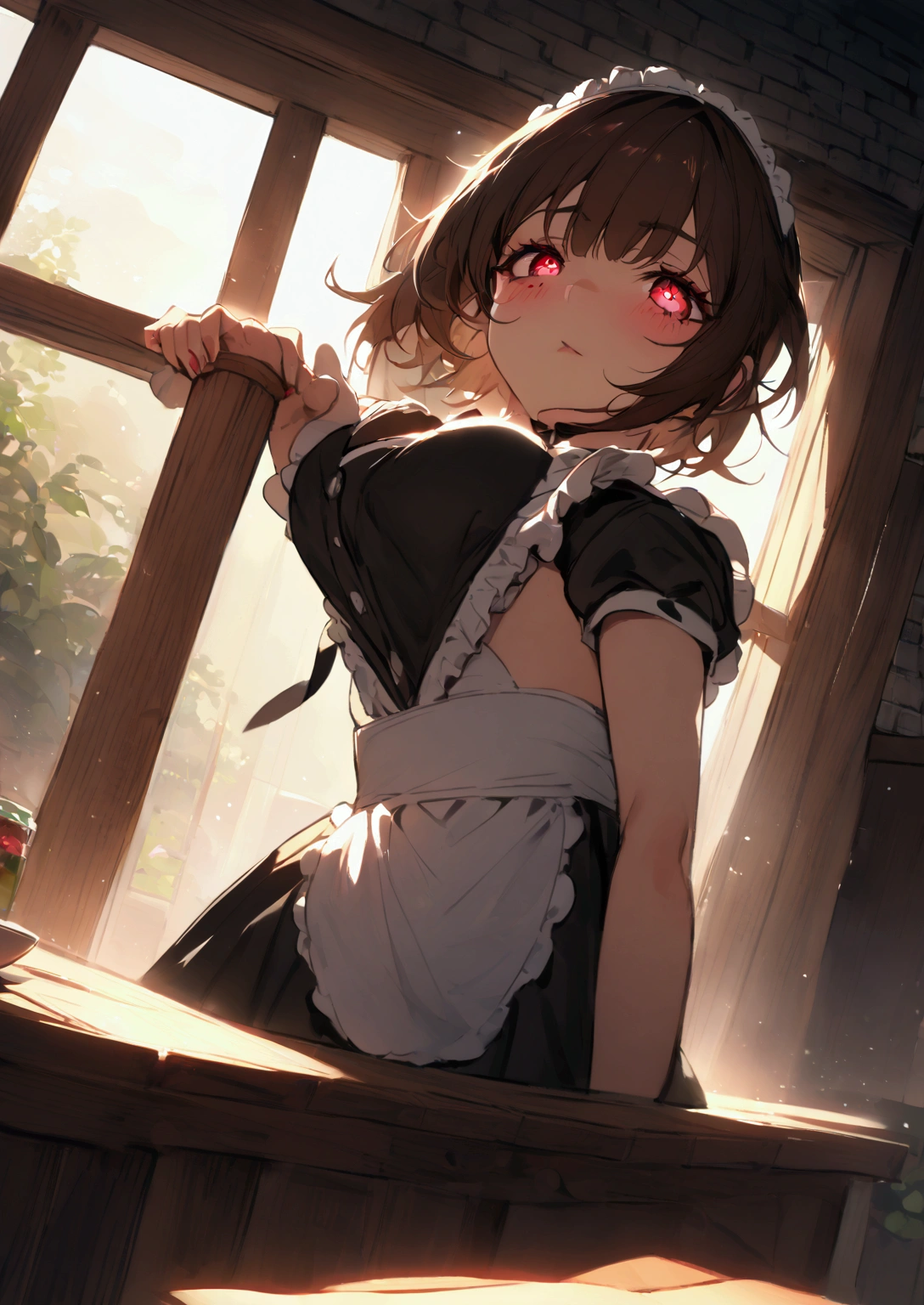  A very dazzling short , You have little bust ,  with brown hair of prisoners ,  eyes with red pupil ,  provocative facial expression wearing a classic maid cafe outfit in a well-lit kitchen in your house