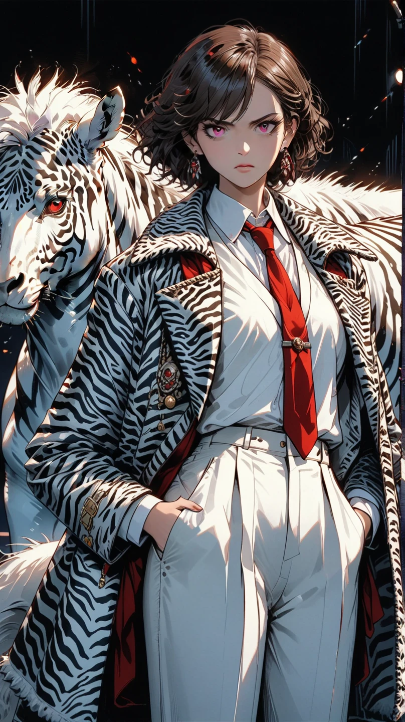 score_9, score_8_up, score_7_up, score_6_up, masterpiece, best quality, intricate details, 1girl, skinny, tall, curly bob cut hair \(white highlight, zigzag pattern\), earrings, old lady, large fur coat \(fluffy, zebra pattern\), chequered vest, necktie \(zebra pattern\), red slack pants, red glove, standing, angry stare, eye scar, one glowing red eye, one dark brown eye, skull necklace, low angle, holding purple fire, purple fire, purple light, dark background,