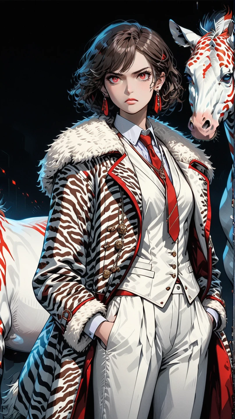 score_9, score_8_up, score_7_up, score_6_up, masterpiece, best quality, intricate details, 1girl, skinny, tall, curly bob cut hair \(white highlight, zigzag pattern\), earrings, old lady, large fur coat \(fluffy, zebra pattern\), vest, red necktie, long slack pants, full body, standing, angry stare, eye scar, one glowing red eye, one dark brown eye, skull necklace, low angle, purple light, dark background,