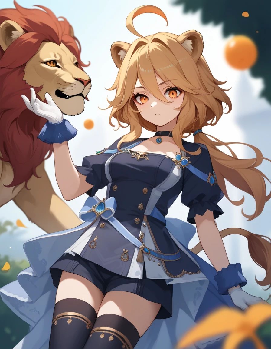 score_9,score_8_up,source_anime,rating_safe, low ponytail,ahoge,orange eyes,breasts, lion ears,lion girl,lion tail,choker,thighhighs,gloves,depth of field,