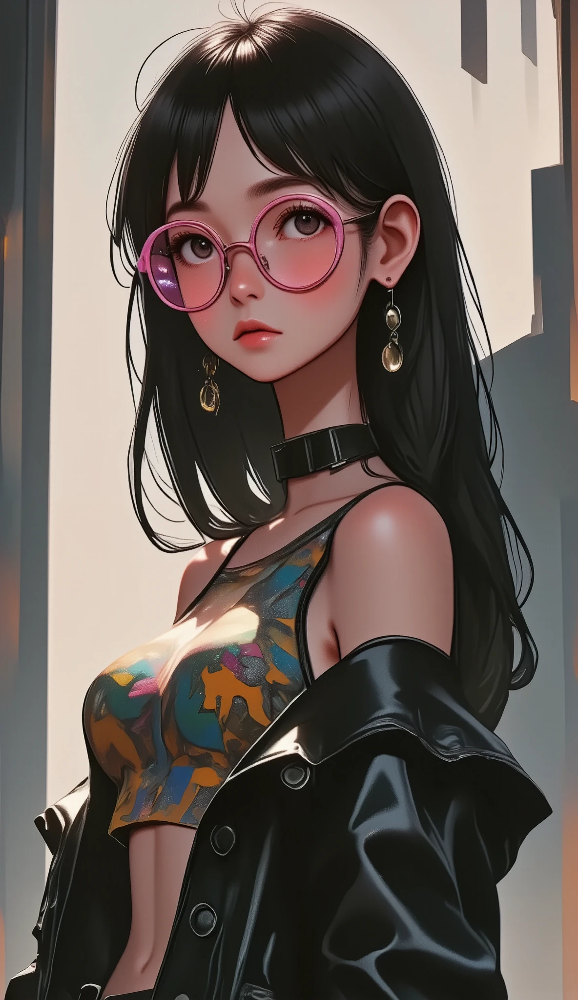 a woman in a black leather outfit with an open chest, thick lips, gafas rosadas:1.3, depressed expression, 20 years old, long black hair, rosy cheeks, pink lips, long straight hair with bangs, simple background, (best quality,4k,8k,highres,masterpiece:1.2),ultra-detailed,(realistic,photorealistic,photo-realistic:1.37),studio lighting,extreme detail description,vivid colors,portrait