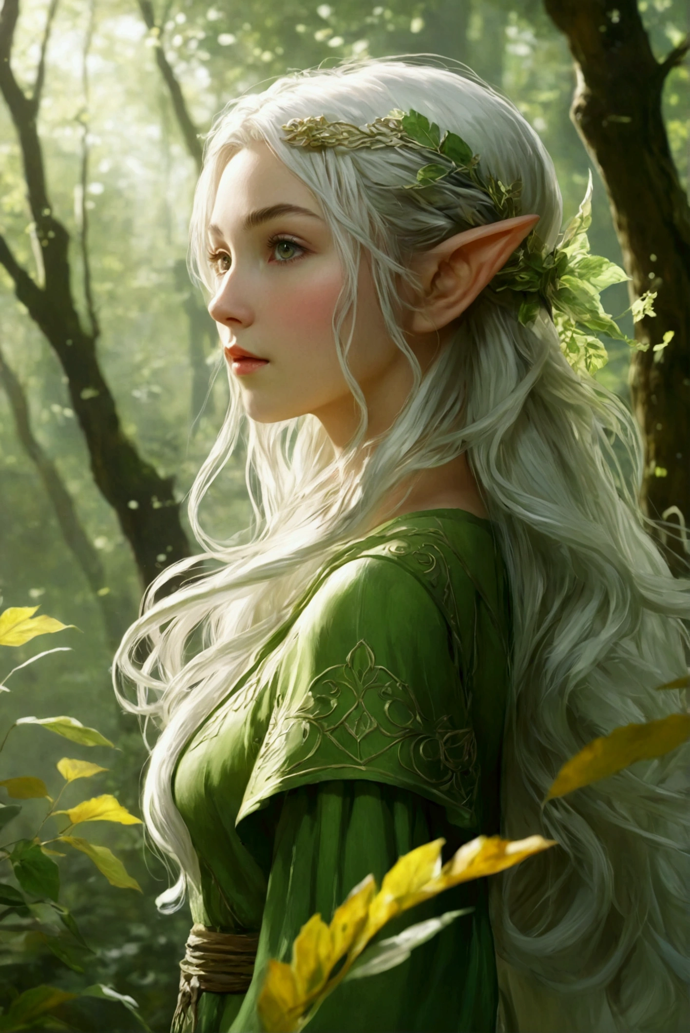 anime style art, An elegant elf is deep in the forest, dressed in light green clothing. The art style is delicate, with green and white as the main colors, showcasing the nobility and harmony of the characters.

dynamic movement, full body, photorealistic, Professional, perfect composition, intricate details, ultra-detailed