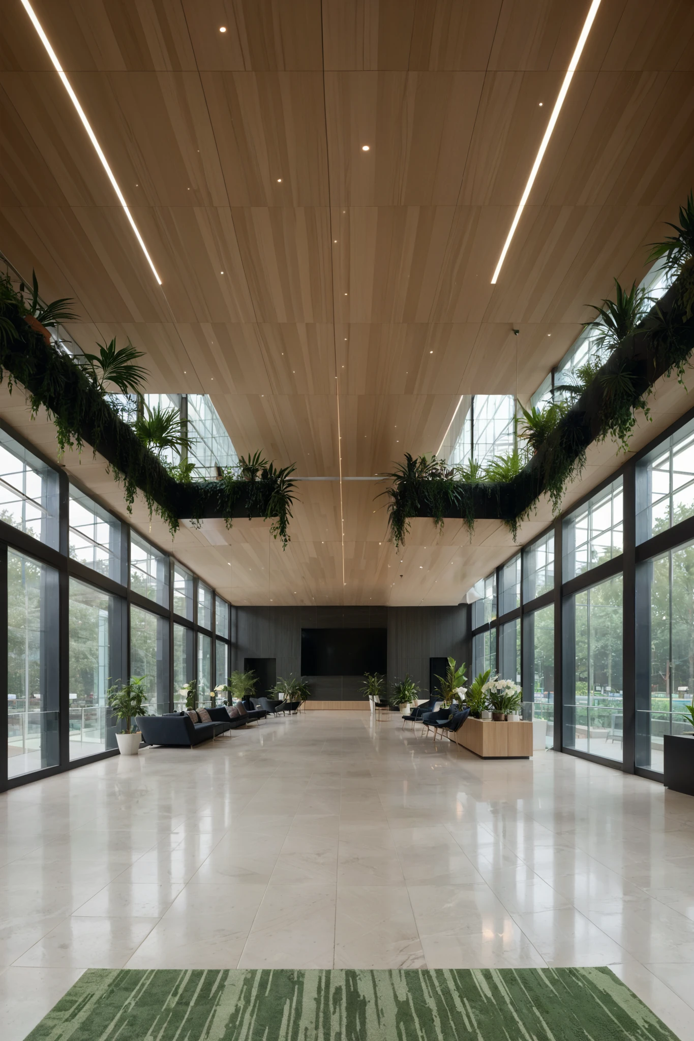 A grand and modern ceremonial space inside a climate change research and disaster response center. The hall features a large central atrium with high ceilings, floor-to-ceiling glass windows for natural light, and a green carpet symbolizing environmental themes. A central stage with LED screens displays climate visuals, surrounded by flexible seating. The design incorporates sustainable materials like recycled wood and glass, with indoor greenery and vertical gardens, modern style
