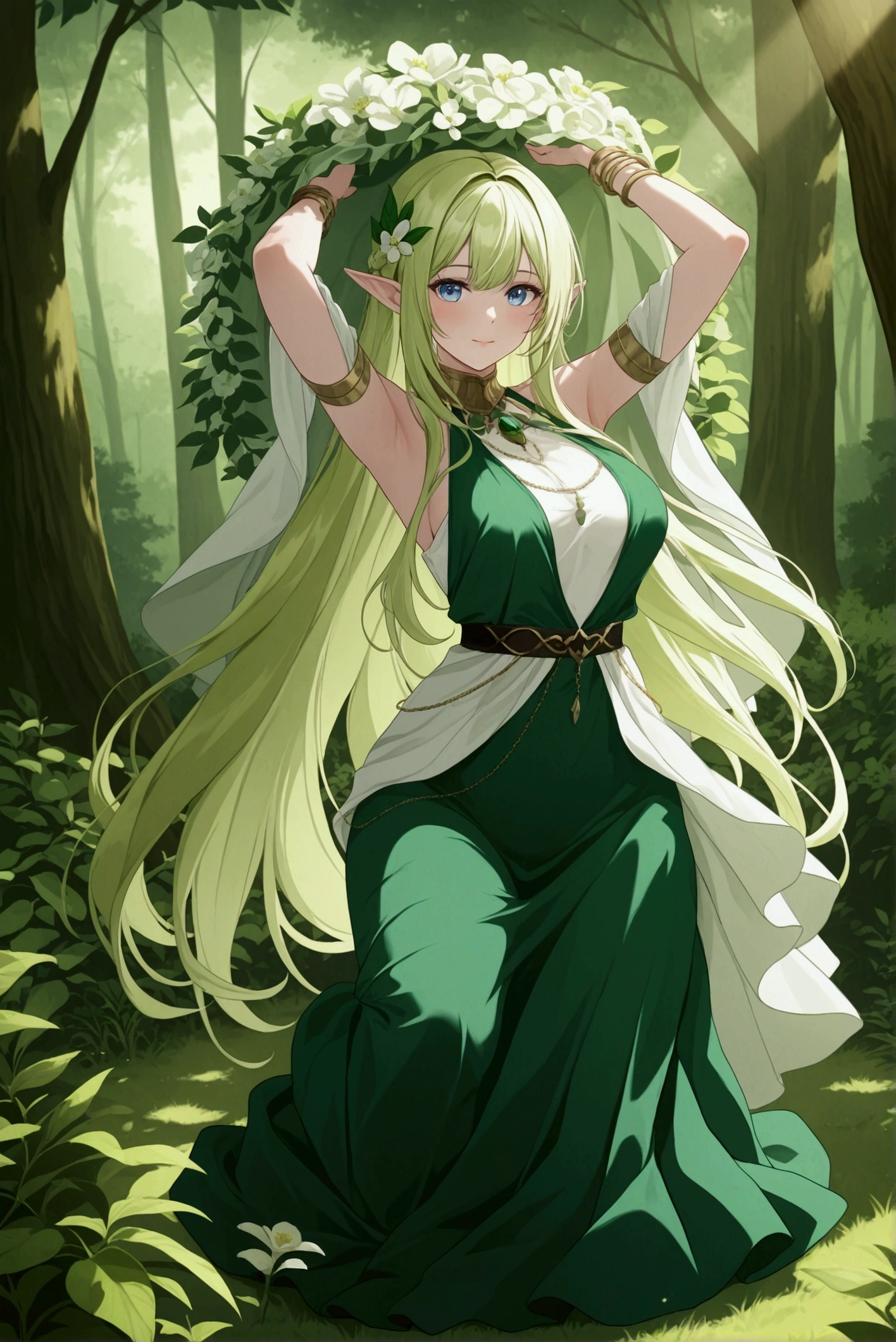 anime style art, An elegant elf is deep in the forest, dressed in light green clothing. The art style is delicate, with green and white as the main colors, showcasing the nobility and harmony of the characters.

dynamic movement, full body, photorealistic, Professional, perfect composition, intricate details, ultra-detailed