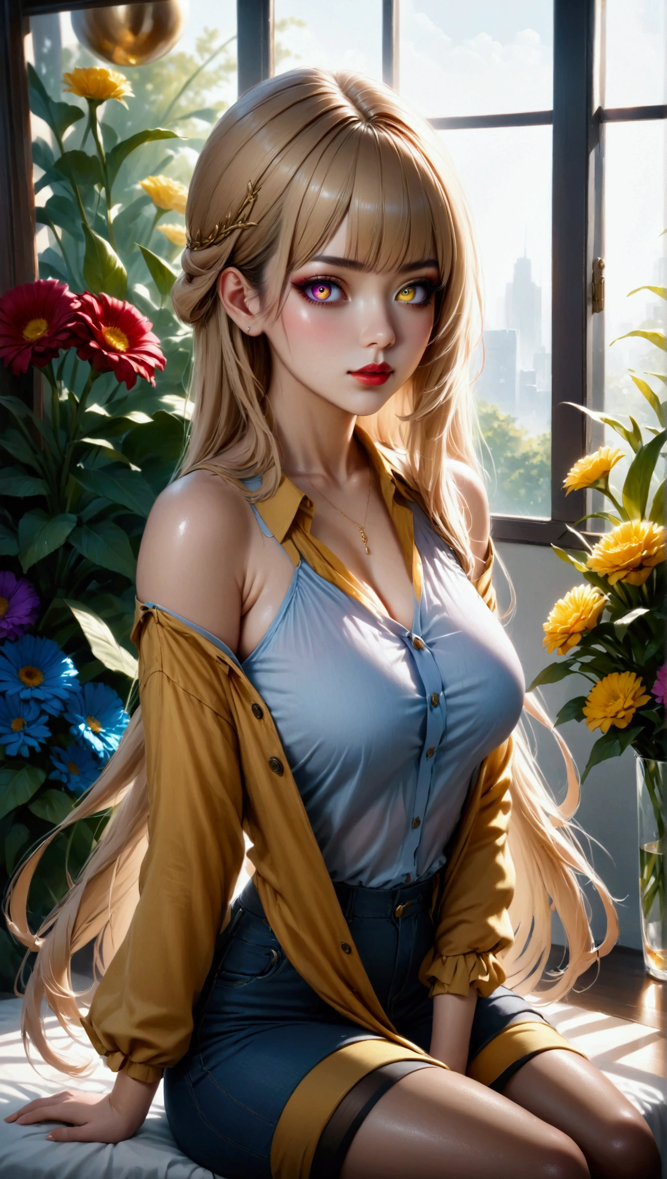 ((masterpiece, best quality, ultra-detailed, high resolution, extremely detailed CG, super detailed, Most beautiful clean lighting)), 1 girl, give a faint smile, Half Japanese, Multiple long drill hair, Large amount of hair, curly hair in vertical rolls, shiny blonde Long hair, Beautiful blue eyes, Elegant, curvy body, Beautiful lady, summer sweater, Midsummer Scenery, sunflower field