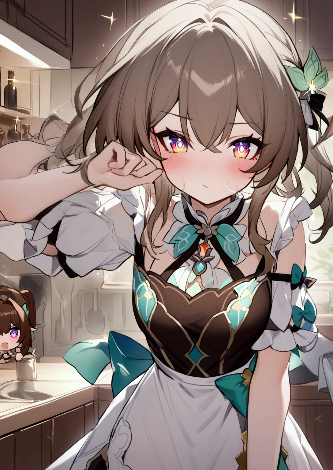 Sparkle_ \(honkai:_Star_rail\) A very dazzling short , You have little bust ,  with brown hair of prisoners ,  eyes with red pupil ,  provocative facial expression wearing a classic maid cafe outfit in a well-lit kitchen in your house