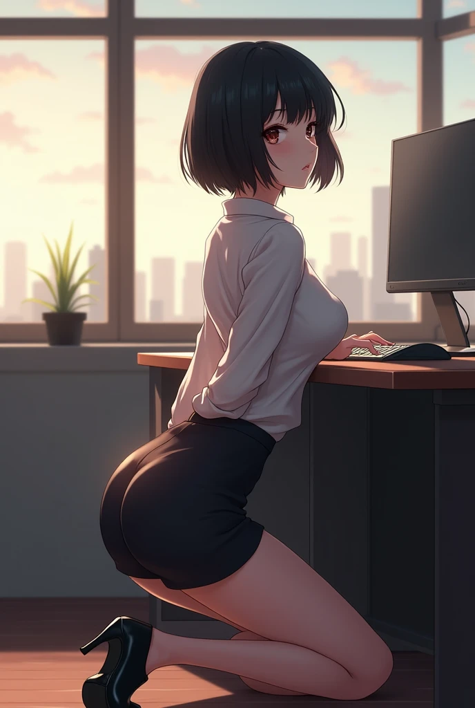 huge ohwx ass, 1girl, hyperass,,( butt crack:1.3), clothes off, (big breast:1.0), highres, looking back, original, pants off, solo, mature female, classroom, teacher, (sexy pose ontop of desk:1.1), shortblack hair, sitting on desk, red eyes