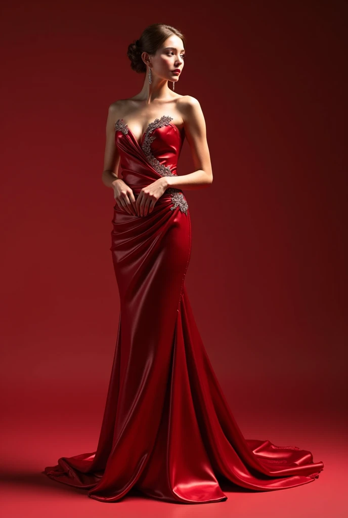 A full body, full shot, detailed and detailed extremely beautiful slender graceful sexy bride, in a red-black wedding dress with intricate lace patterns and sparkling Swarovski crystals and a beautiful long black veil with intricate patterns, stands in the shade among the columns of a beautiful building, a beautiful side soft daylight falls on her, forming a light and shadow in the center of the body on the face and body, the bride holds the wedding dress with her hands, the pose is beautiful sexy with s-shaped curves of the body, shoes on a red stiletto heel with intricate patterns, the bride’s face is European ideal beautiful proportions neat facial features, eyes bright green-blue eyelashes long and fluffy, body type of the bride endomorph slender and graceful height 175 cm, legs slender and longer than the body in proportion, hands graceful in precious jewelry, on the bride’s head a wedding tiara with beautiful diamonds, skin natural detailed, skin pores, skin natural shine, skin color perfect, cheeks slightly rosy, detailed and detailed wavy long light hair to the knees beautifully loose, lighting side daylight soft, hyper detail, sharp focus, hyper photorealism, hyper naturalistic, style Jerry Ghionis