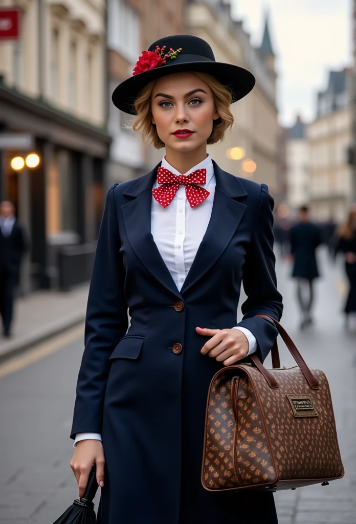 Create a realistic and sexy depiction of Nancy Ace as Mary Poppins. She is wearing a tailored navy-blue coat with a fitted waist and flared hem, buttoned neatly over a crisp white blouse with a red and white polka-dot bow tie at the collar. She holds a black umbrella with a parrot-shaped handle in one hand and an intricately patterned vintage carpet bag in muted tones in the other. Her short, wavy blonde hair is styled neatly beneath a black straw boater hat adorned with a small red flower and delicate berries. Her makeup is classic, with rosy cheeks and soft red lipstick, complementing her warm, refined look. The background is an Edwardian London street scene, softly lit to evoke a magical and nostalgic atmosphere



