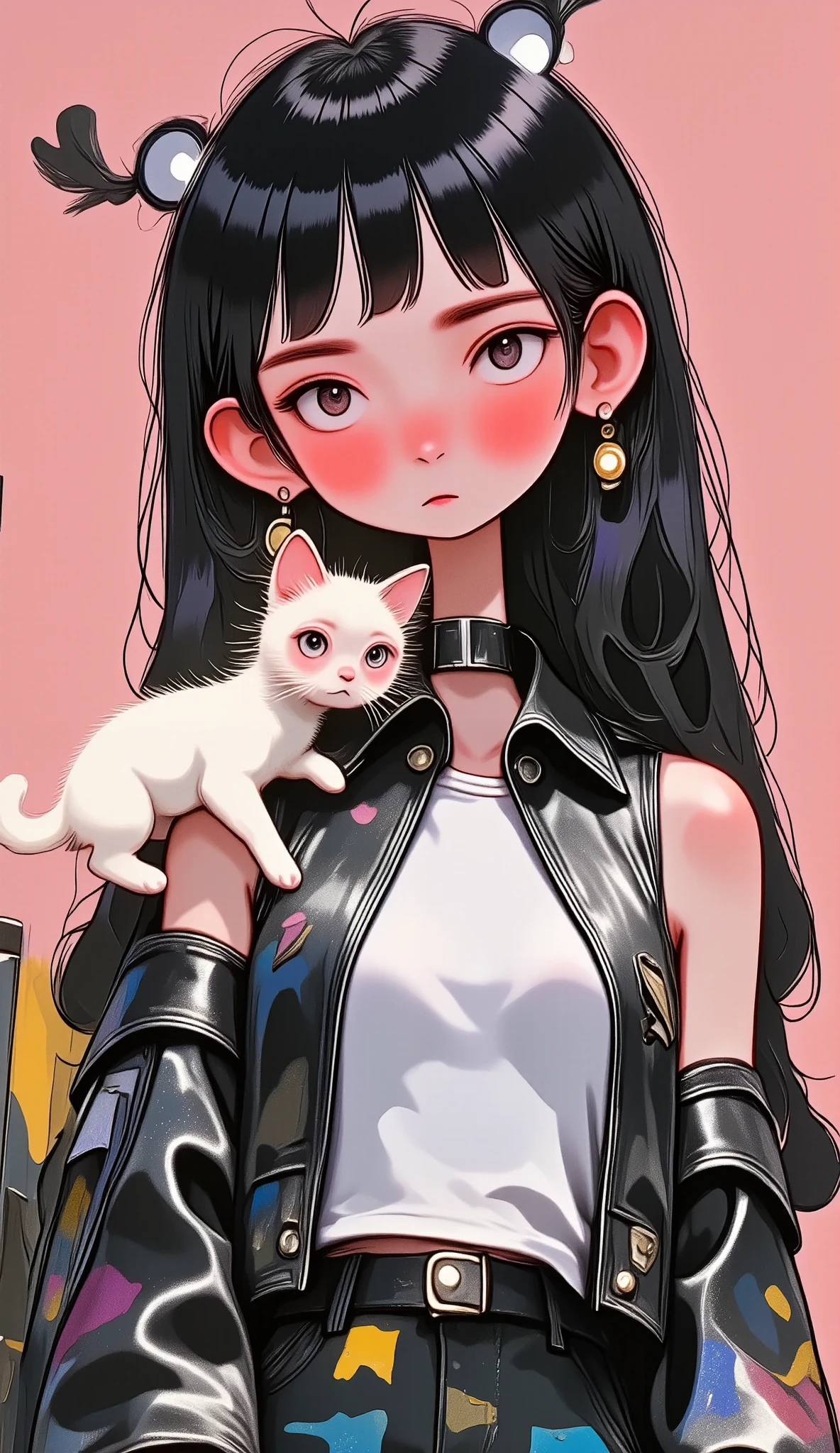 a woman in a black leather outfit with an open chest, thick lips, gafas rosadas abrazando a un gato blanco y peludo:1.3, depressed expression, 20 years old, long black hair, rosy cheeks, pink lips, long straight hair with bangs, simple background, (best quality,4k,8k,highres,masterpiece:1.2),ultra-detailed,(realistic,photorealistic,photo-realistic:1.37),studio lighting,extreme detail description,vivid colors,portrait