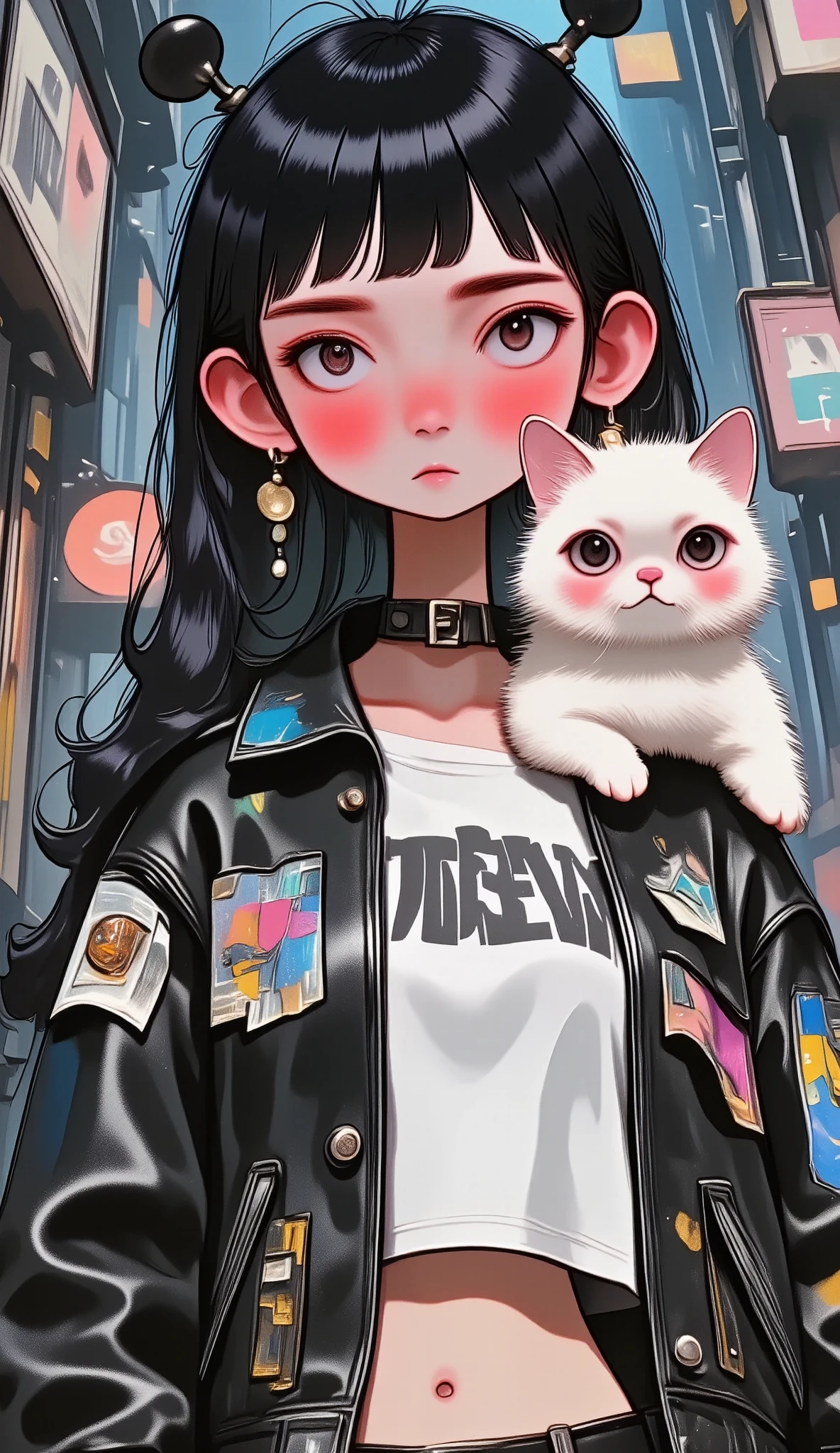 a woman in a black leather outfit with an open chest, thick lips, gafas rosadas abrazando a un gato blanco y peludo:1.3, depressed expression, 20 years old, long black hair, rosy cheeks, pink lips, long straight hair with bangs, simple background, (best quality,4k,8k,highres,masterpiece:1.2),ultra-detailed,(realistic,photorealistic,photo-realistic:1.37),studio lighting,extreme detail description,vivid colors,portrait