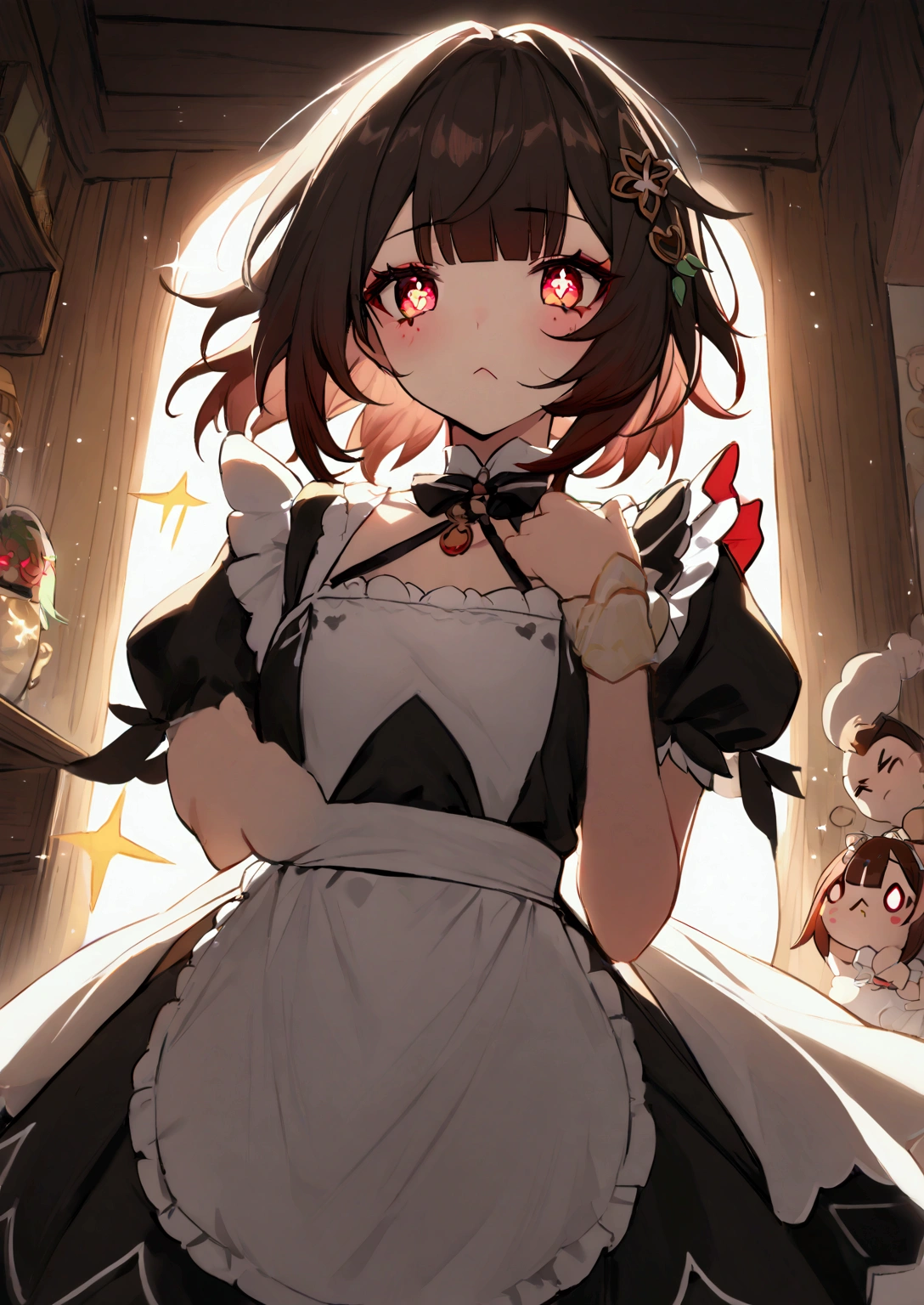 Sparkle_ \(honkai:_Star_rail\) A very dazzling short , You have little bust ,  with brown hair of prisoners ,  eyes with red pupil ,  provocative facial expression wearing a classic maid cafe outfit in a well-lit kitchen in your house