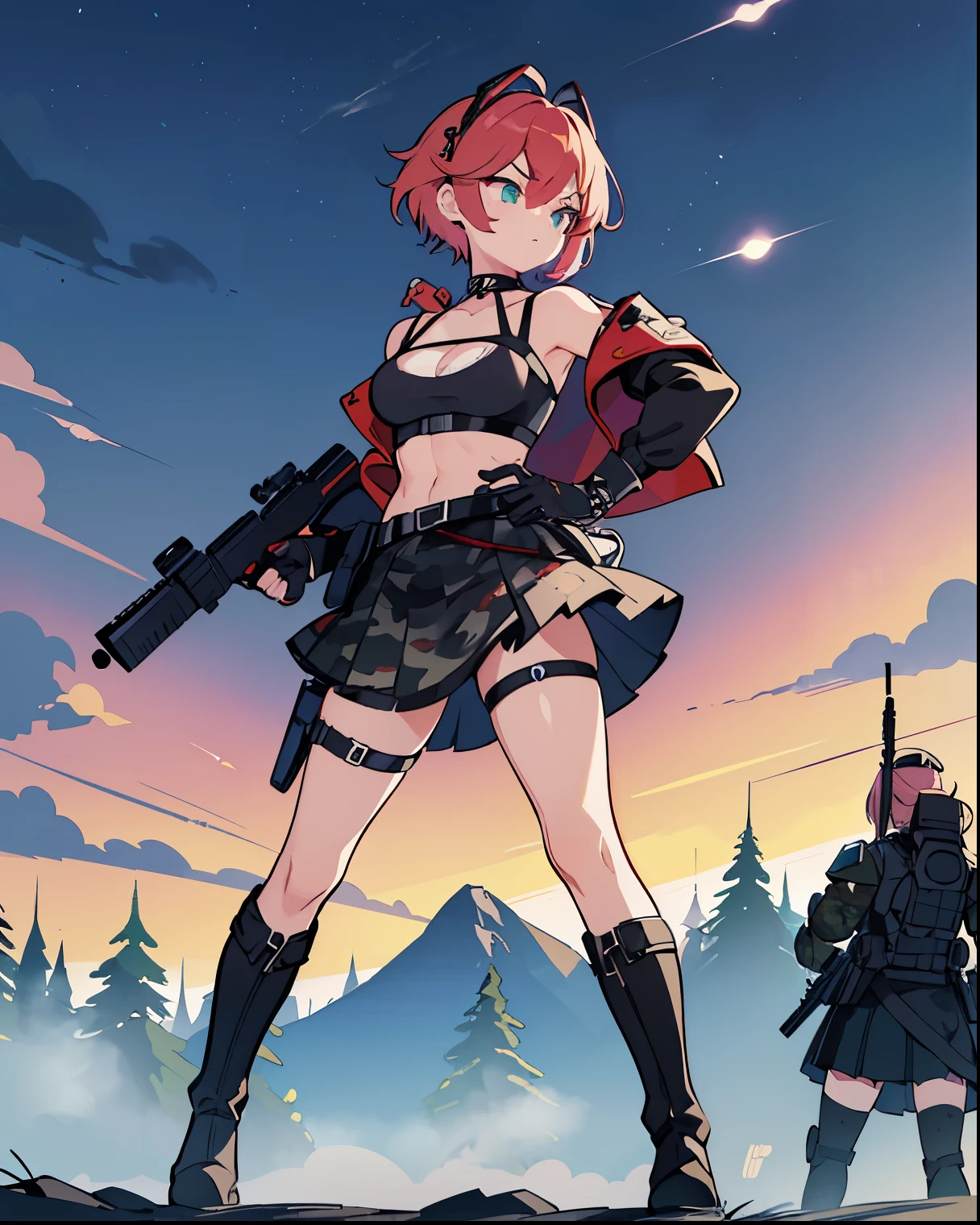 -PdetailP60,1girl, good legs, good thighs, athletic abbs,(((standing))),(((villain pose))),((supremacy attitude)),blonde hair,gradient hair,pink hair,short hair,ahoge,arrogant,aqua eyes,green eyes,villain attitude,White skin,embellished light leather,thigh strap,boots,embellished clothing,armored boots,large skirt, (((using a earclip))),choker, using a elegant earclip, add clothes ornaments,fingerless gloves,leg belt,Forest Background, medium shot,Black,((((Knee-length skirt)))),Gray,Brown,forest,Leather Armor,Magic robe,View from behind,animoff, (((red camouflage))), ((1girl)), black ops, tactical maid, tactical clothes red camouflage, (tactical) black light vest, black tactical light equipment, Tactical boots, tactical straps, black tactical fingerless gloves, black tactical harness, maid battle, black tactical thigh belt, anime maid, black tactical joint protections, black Knee Pads and Elbow Pads Tactical Protection, ((((large skirt)))), full body view, athletic body, black military straps, red camouflage uniform, red camouflage maid clothes, maid red camouflage dress, red command, black accesories, masterpiece, best quality, Attention to detail, girl full atletic body, red hair, elegant hairstyle, with red military camouflage pants, tomboy attitude, ((combat pose)), (((standing pose])), communications diadem, mesh flannel red military jacket shooting, military goggles over the hellmet, sophisticated attitude, intintimidating, tactical straps, exposed abs, back perspective, special assault unit, official art, unity 8k wallpaper, ultra detailed, beautiful and aesthetic, beautiful, masterpiece, best quality, attractive, pretty, hd quality, aesthetic