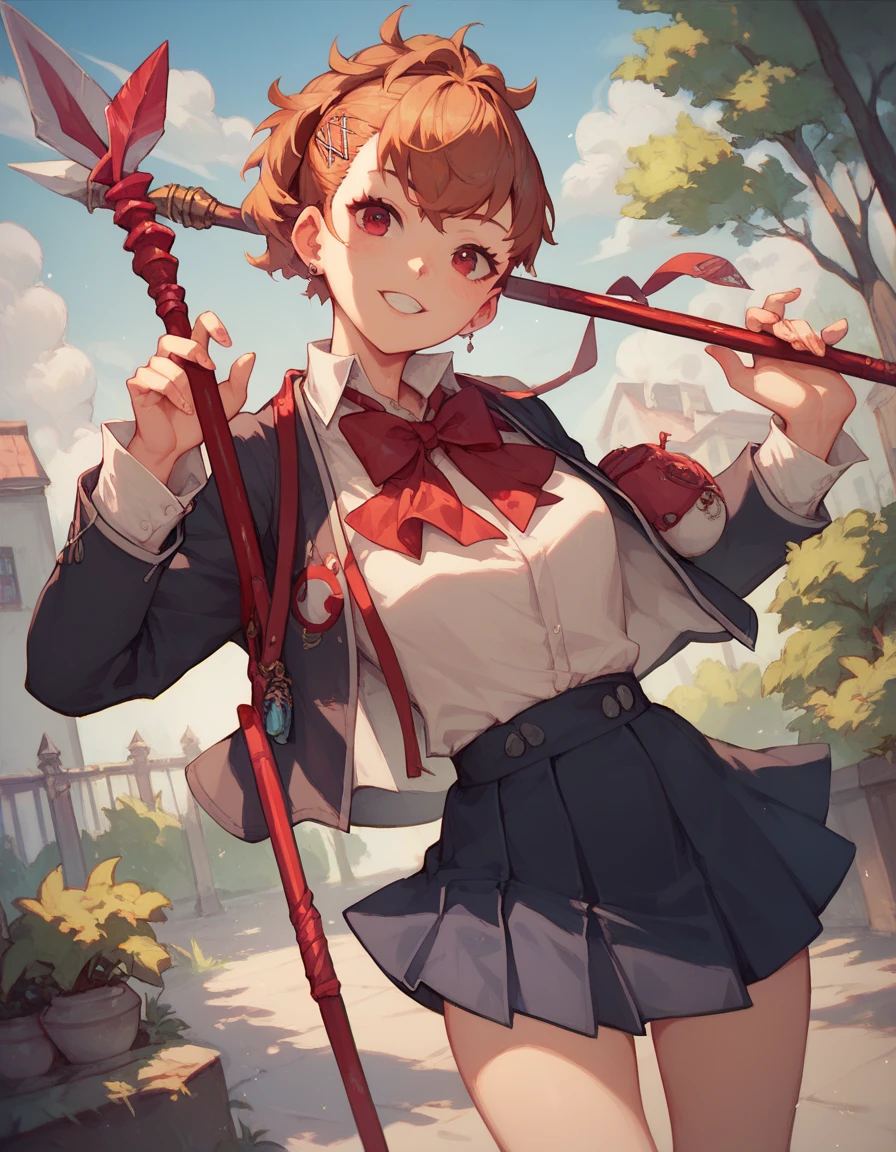 Girl, long sleeves, school uniform, spear, cool posing, good hand anatomy, good anatomy, perfect anatomy, female anatomy, Kotone Shiomi