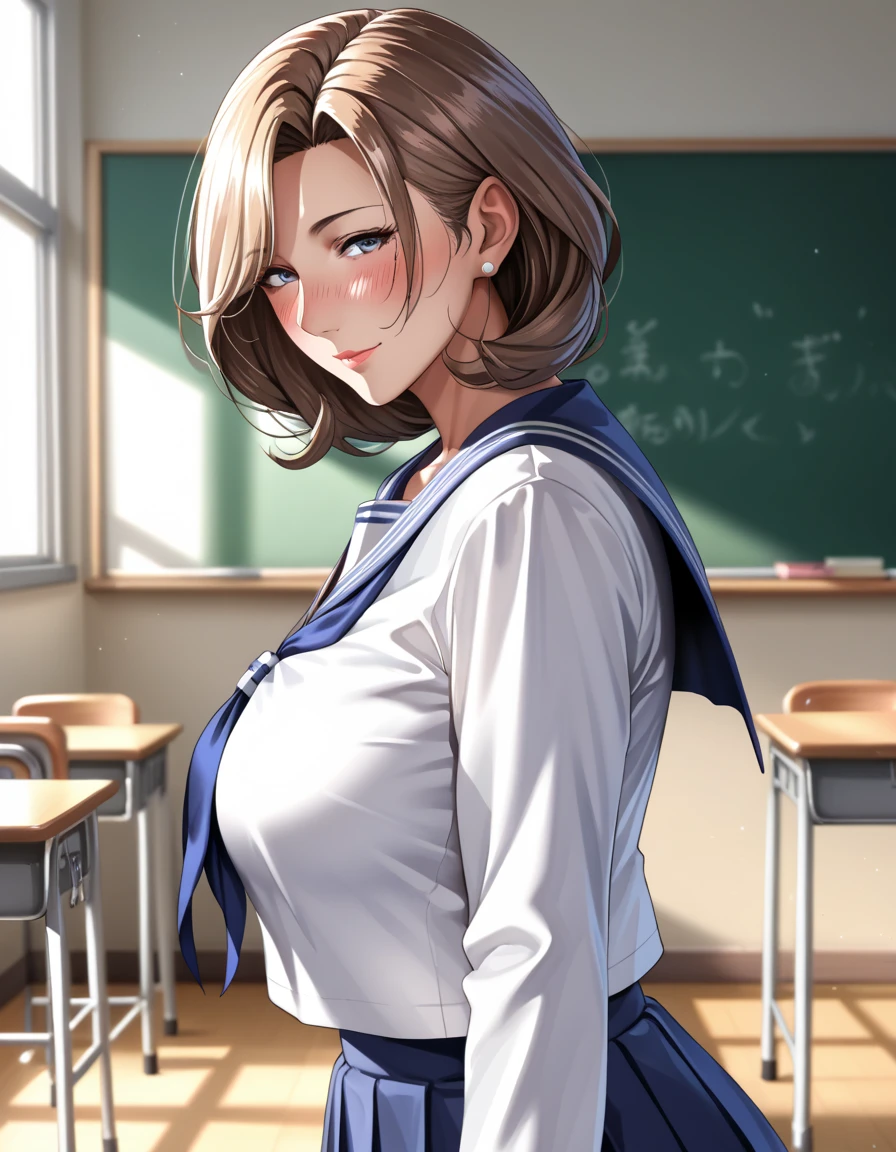 super high definition ,8k,score_9,Source_anime, sailor collor, milf, blush, classroom, (from side:0.1), looking at viewer,